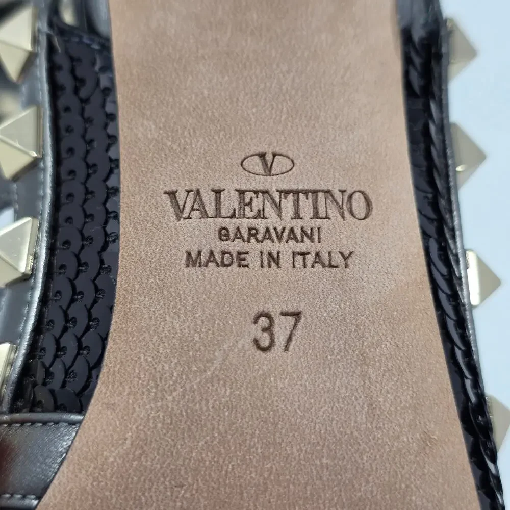 Valentino Rockstud Slingback Heels Stud Black Sequin Strappy Gladiator Pump 37 7